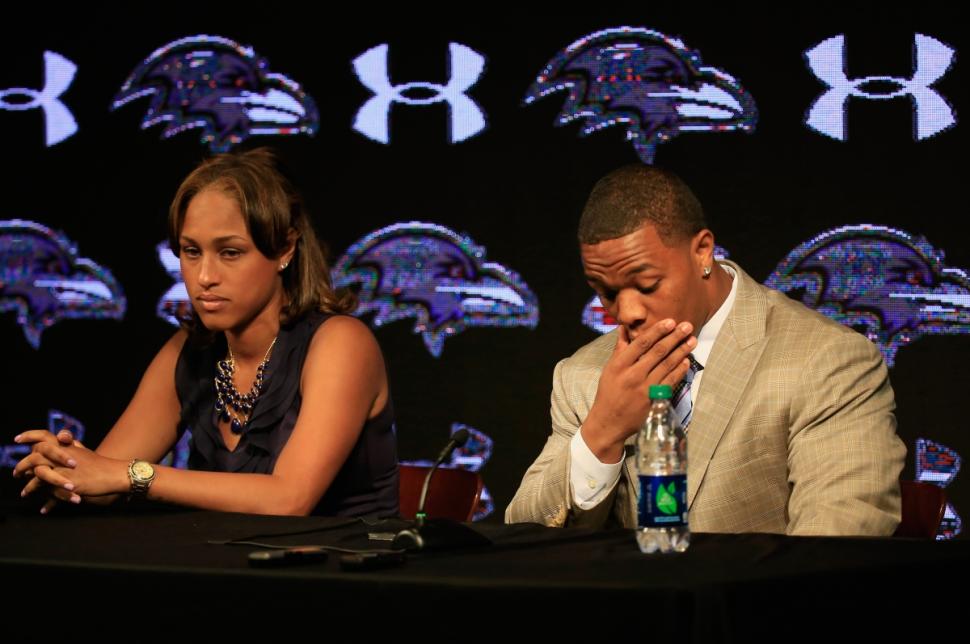 Baltimore Ravens player Ray Rice addresses the media with his wife Janay Palmer sitting by his side.

Image by Rob Carr/Getty Images