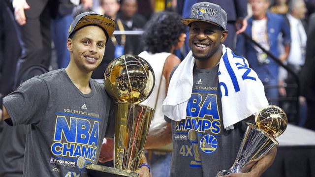 Golden State Warriors teammates Steph Curry and Andre Iguodala hope to lead their team to the NBA Finals for the second year in a row