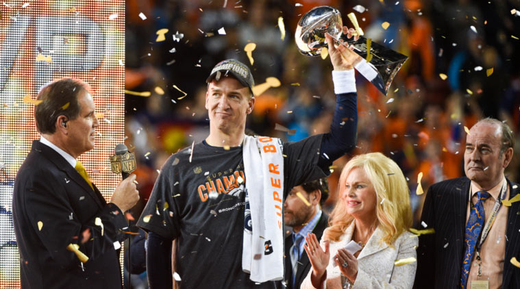 An emotional Peyton Manning holds the Lombardi Trophy after his second, and most likely final, Super Bowl win