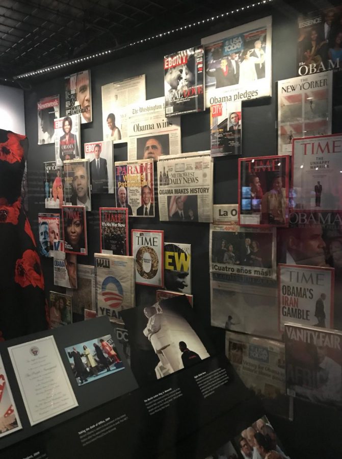 There were an array of newspapers from Obamas presidential victory in an exhibit