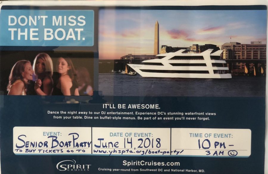Organized by the Parent Teacher Association (PTA), the Boat Party is a late-night cruise on the Potomac River for the graduating senior class.