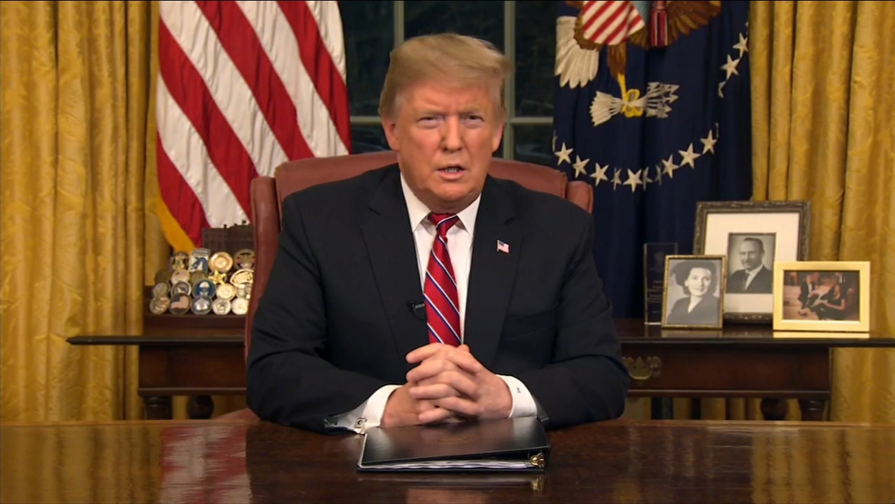 President Trump during his Oval Office prime-time broadcast. Image taken from ABC7 Chicago. 
