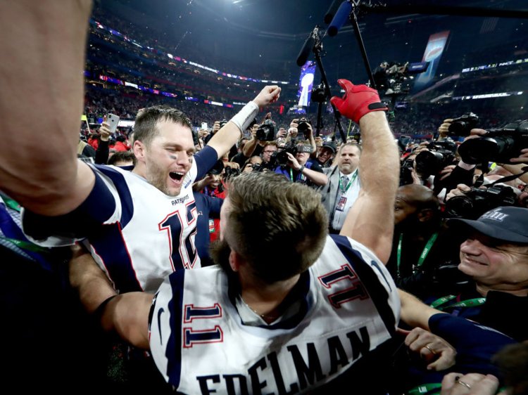 Quarterback, Tom Brady, after the Patriots win the Superbowl