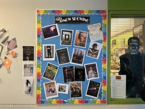 This is a wall filled with movie posters made by Ms. Sadauskas’s film class.