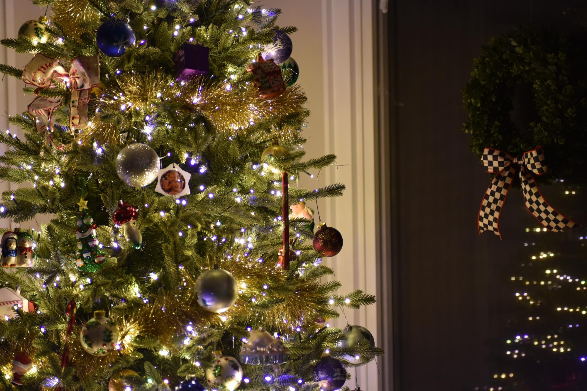 Festively lit Christmas tree.